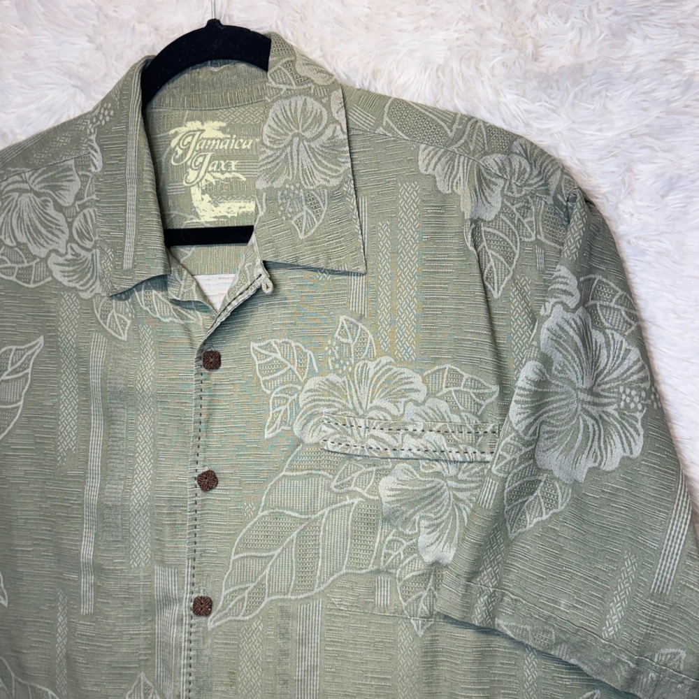 Jamaica Jaxx Men's XL %100 Silk Jacquard Floral Button Down Sage Green Tropical‎
